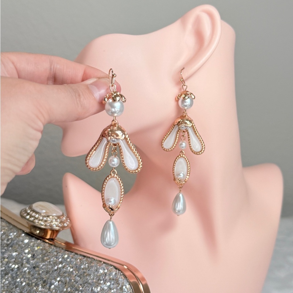 Gold and Pearl Dangle Earrings - Picture 3 of 6